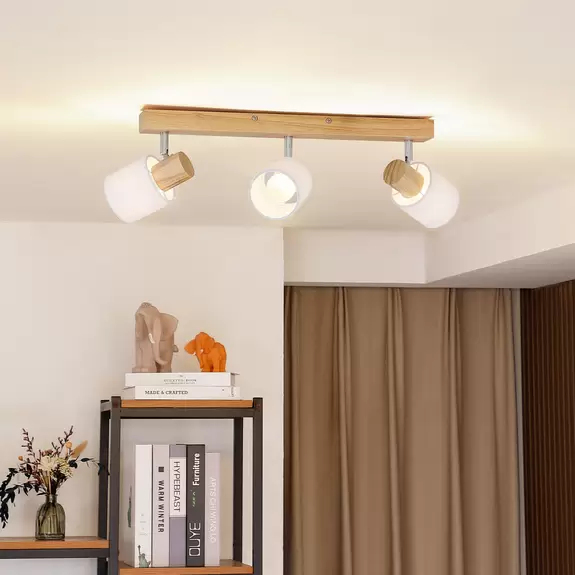 Lampenwelt Lindby Deckenstrahler Wanessa, 3-flammig, Holz, weiß, E14 im Angebot