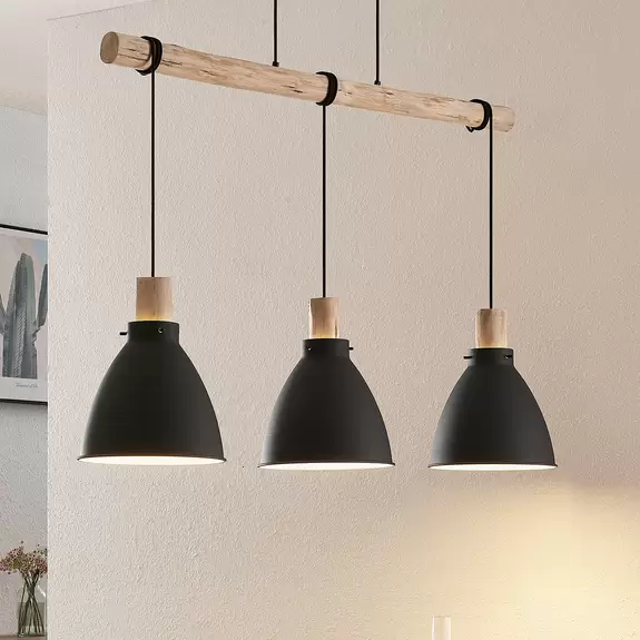 Lampenwelt Lindby Hängeleuchte Trebale, 3-flammig, E27, Eisen, Holz Rabatt