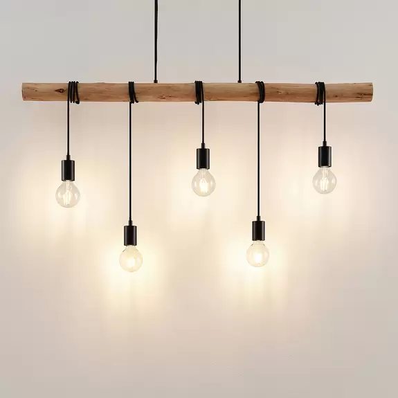 Lampenwelt Lindby Hängeleuchte Rom, 5-flammig, Holz, Seil, schwarz, E27 Muttertagsangebot