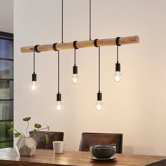 Lampenwelt Lindby Hängeleuchte Rom, 5-flammig, Holz, Seil, schwarz, E27 Muttertagsangebot
