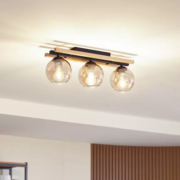 Lampenwelt Lindby Deckenleuchte Enrique, amber, 3-flammig, Glas, Holz Kauf eins, bekomm eins gratis