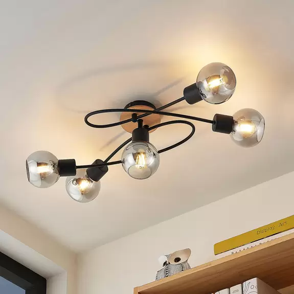 Lampenwelt Lindby Eridia Deckenleuchte, Holz, 5-fl., lang Kostenloser Versand international