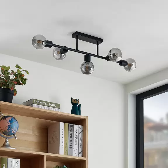 Lampenwelt Lindby Deckenlampe Biscala, 5-flg., schwarz/rauch Jubiläumsangebot