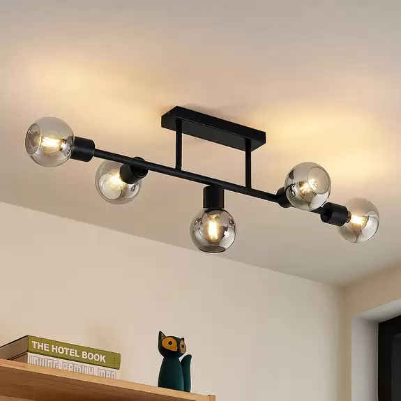 Lampenwelt Lindby Deckenlampe Biscala, 5-flg., schwarz/rauch Jubiläumsangebot
