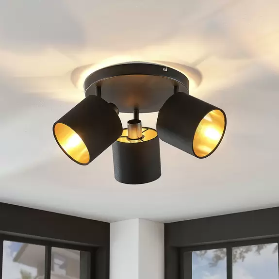 Lampenwelt Stoff-Deckenlampe Vasilia in Schwarz-Gold, 3-fl Saisonale Angebote
