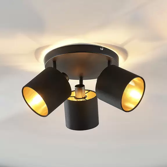 Lampenwelt Stoff-Deckenlampe Vasilia in Schwarz-Gold, 3-fl Saisonale Angebote