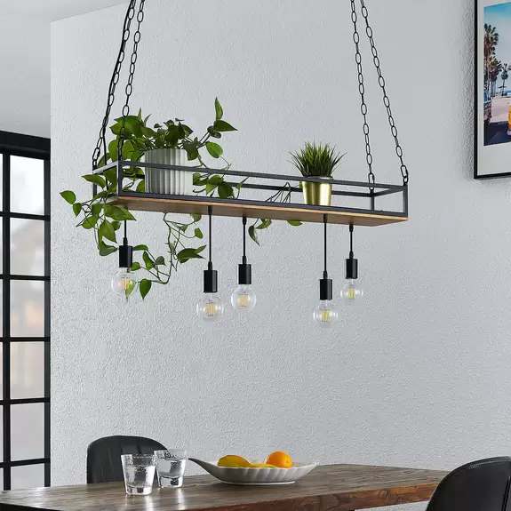 Lampenwelt Lindby Pendelleuchte Kirista, 5-flg., schwarz, Holz, 100 cm Speichern exportieren