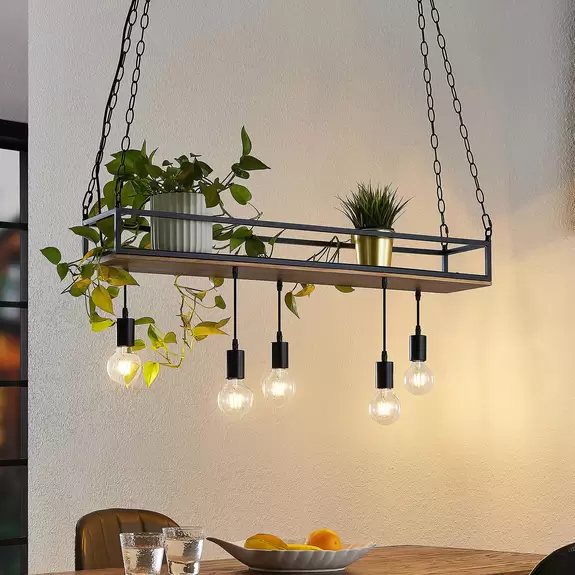 Lampenwelt Lindby Pendelleuchte Kirista, 5-flg., schwarz, Holz, 100 cm Speichern exportieren