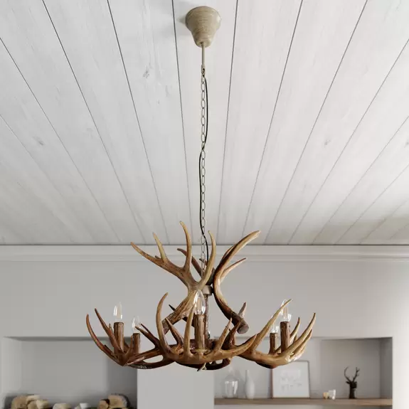 Lampenwelt Lindby Hängeleuchte Fibi, Stahl, braun, Geweih, Ø 80 cm Exklusive Angebote
