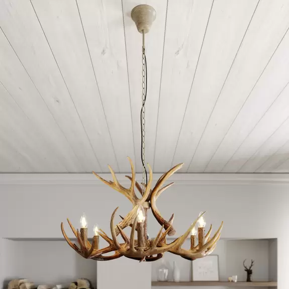 Lampenwelt Lindby Hängeleuchte Fibi, Stahl, braun, Geweih, Ø 80 cm Exklusive Angebote