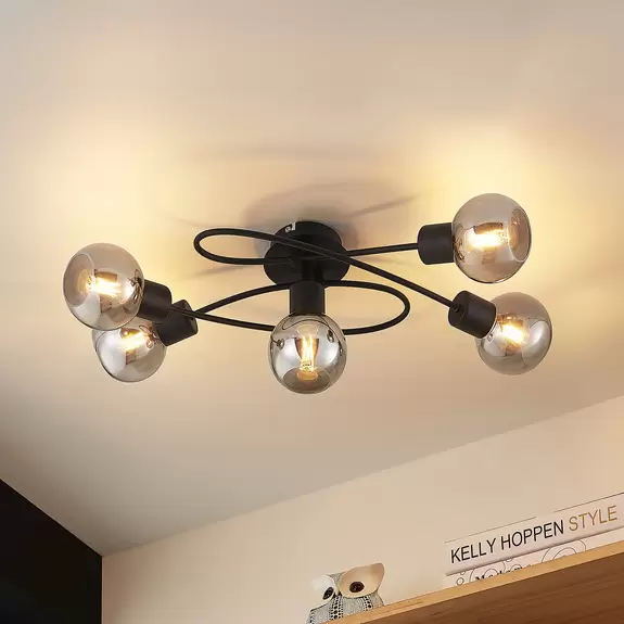 Lampenwelt Lindby Deckenlampe Elaina 5fl lang schw. smoke Riesige Ersparnisse