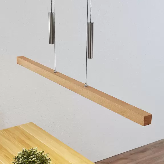 Lampenwelt Lucande LED-Pendelleuchte Pia, Buchenholz, 100 cm lang Rabatte dieses Monats