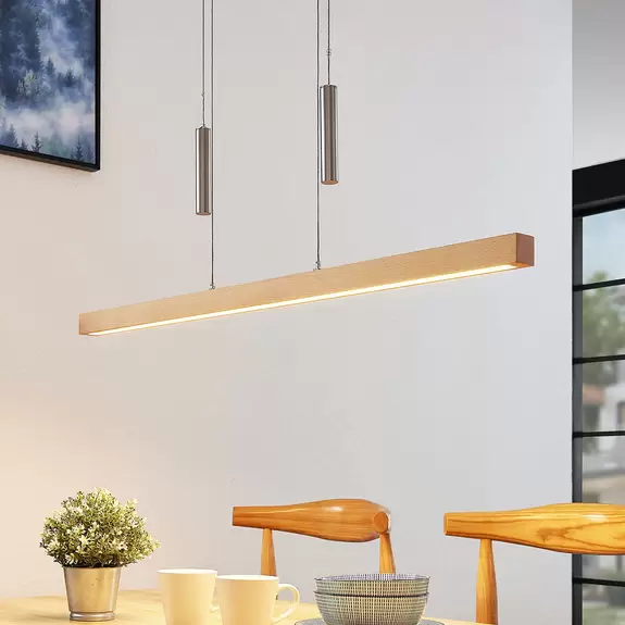 Lampenwelt Lucande LED-Pendelleuchte Pia, Buchenholz, 100 cm lang Rabatte dieses Monats