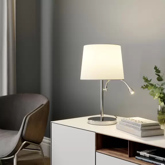 Lampenwelt Stoff-Tischleuchte Benjiro mit LED-Leselampe Fabrikpreis