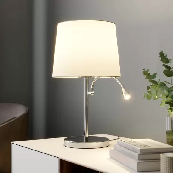 Lampenwelt Stoff-Tischleuchte Benjiro mit LED-Leselampe Fabrikpreis