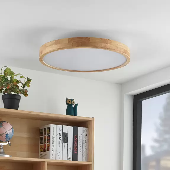 Lampenwelt Lindby LED-Deckenlampe Lanira Ø 60 cm, Eichenholz, CCT Neueste Mode