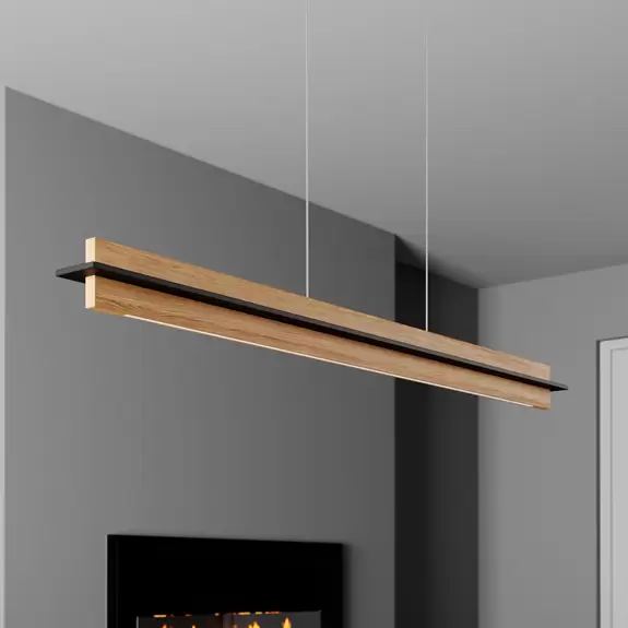 Lampenwelt Quitani LED-Pendellampe Lexa, eiche/schwarz, Länge 118 cm Auslauf