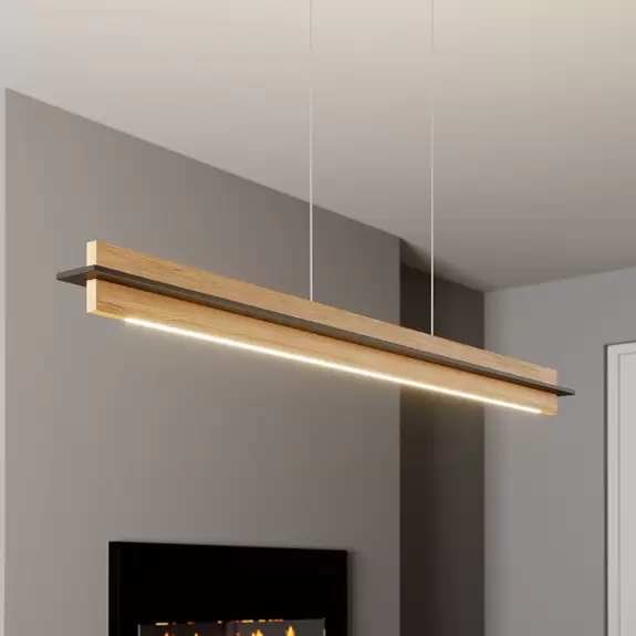 Lampenwelt Quitani LED-Pendellampe Lexa, eiche/schwarz, Länge 118 cm Auslauf