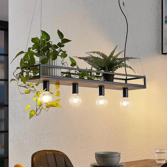 Lampenwelt Lindby Pendelleuchte Kirista, 4-flg., schwarz, Holz, 100 cm Angebote