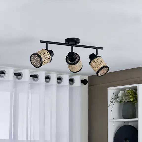 Lampenwelt Lindby Spot Yaelle, 52 cm, 3-flg., Rattan, schwarz, E27 Günstig kaufen