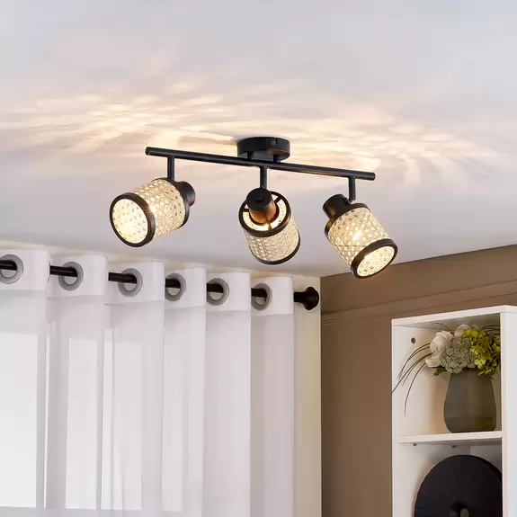 Lampenwelt Lindby Spot Yaelle, 52 cm, 3-flg., Rattan, schwarz, E27 Günstig kaufen