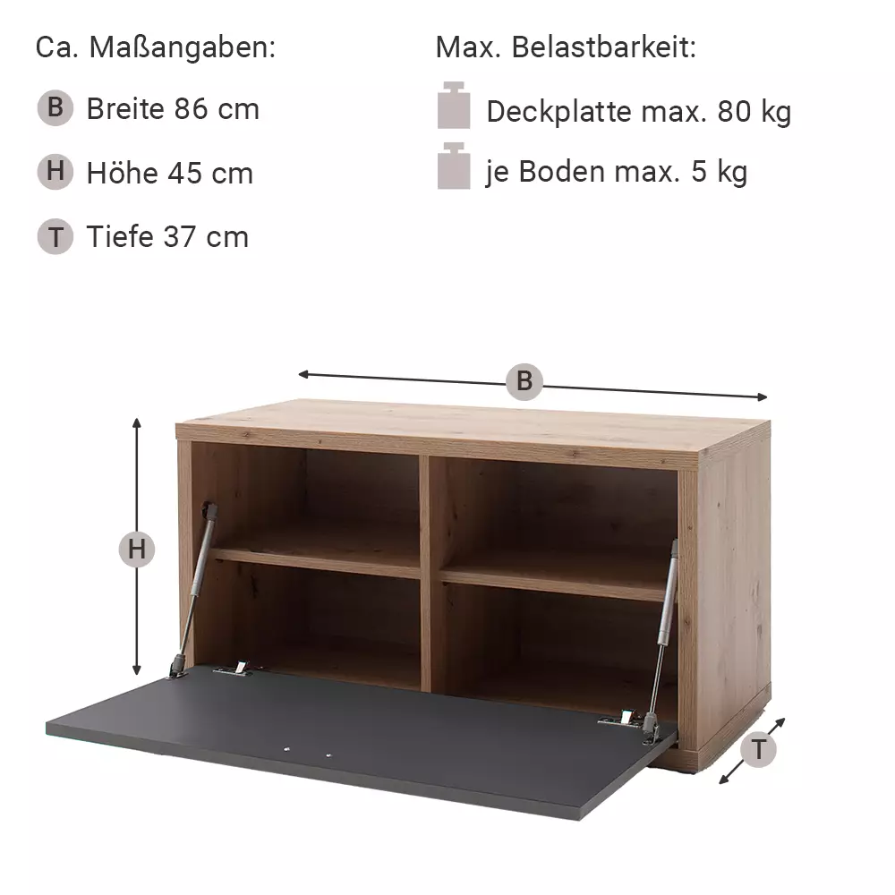 Lomadox Garderobenbank grau matt, Eiche LAKELAND-05 Fabrikladen