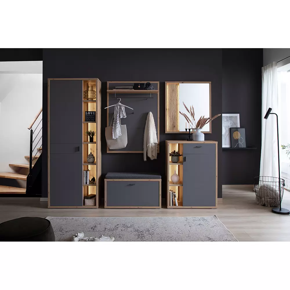 Lomadox Garderobenbank grau matt, Eiche LAKELAND-05 Fabrikladen