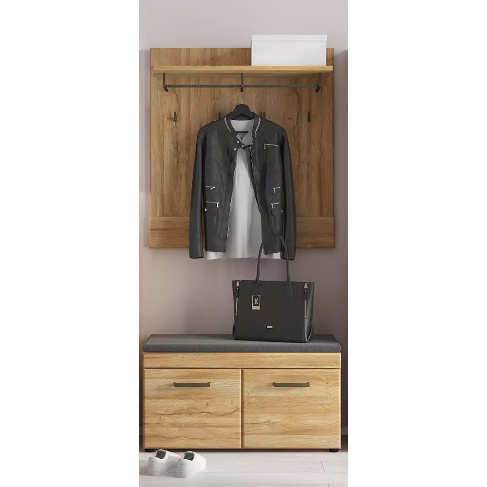 Lomadox Garderobenpaneel mit Schuhbank in Grandson Eiche Nb. CARIATI-129, B/H/T ca. 93/190/38 cm