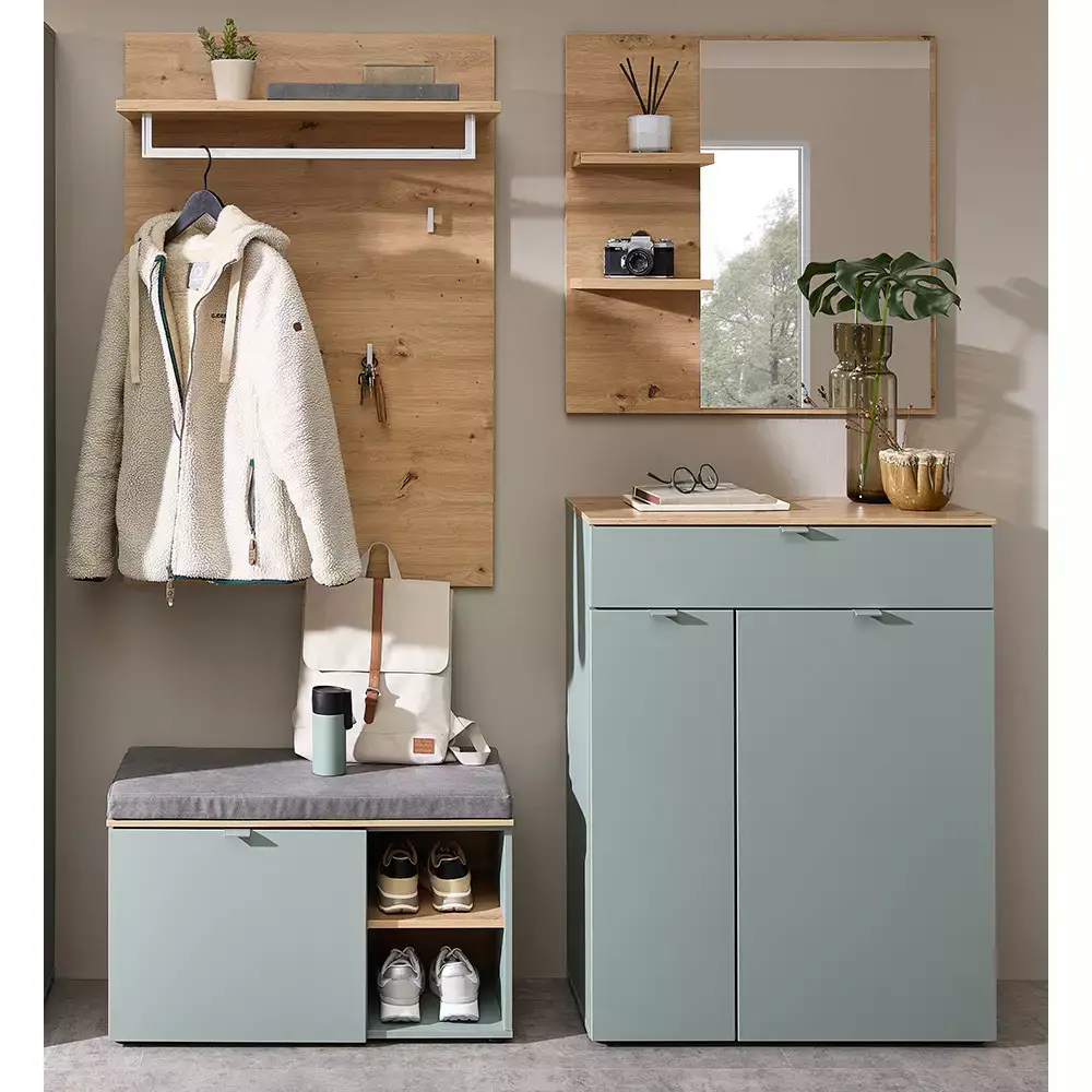 Lomadox Flur Kommode mit Schubkasten grün matt mit Eiche BLISS-36 Limitierter Zeitrabatt