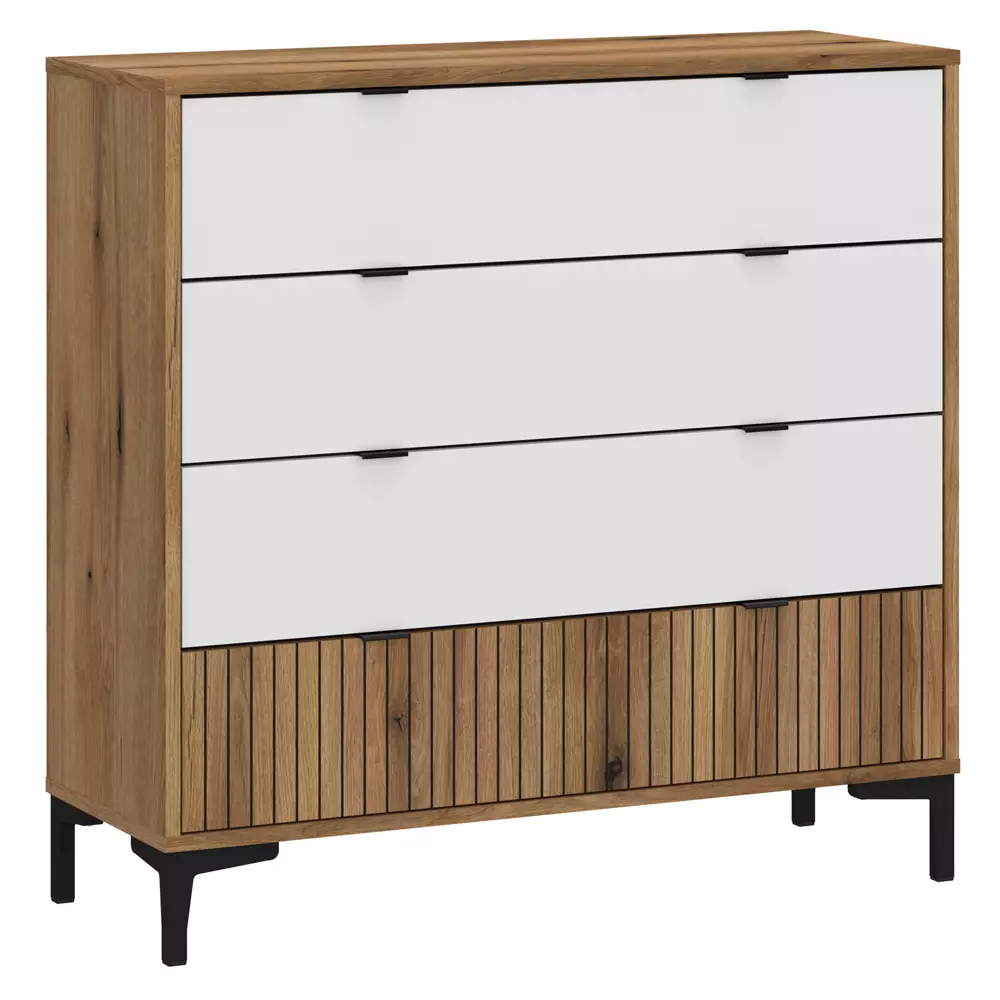 Lomadox Kommode Eiche mit weiß und Lamellenoptik RISBY-129, 4 Schubladen