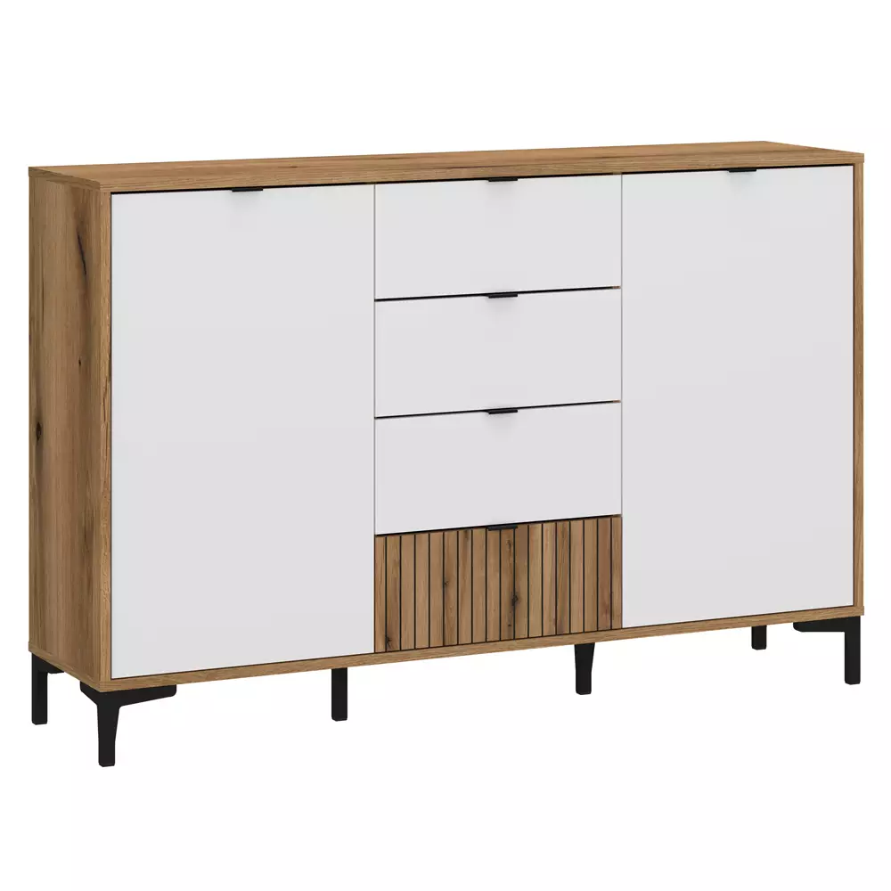Lomadox Sideboard Eiche mit weiß und Lamellenoptik 135 cm breit RISBY-129