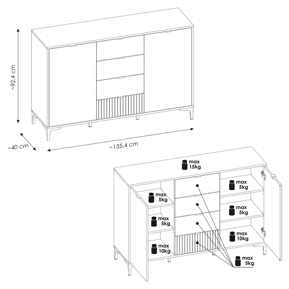 Lomadox Sideboard Eiche mit weiß und Lamellenoptik 135 cm breit RISBY-129 Top Angebot