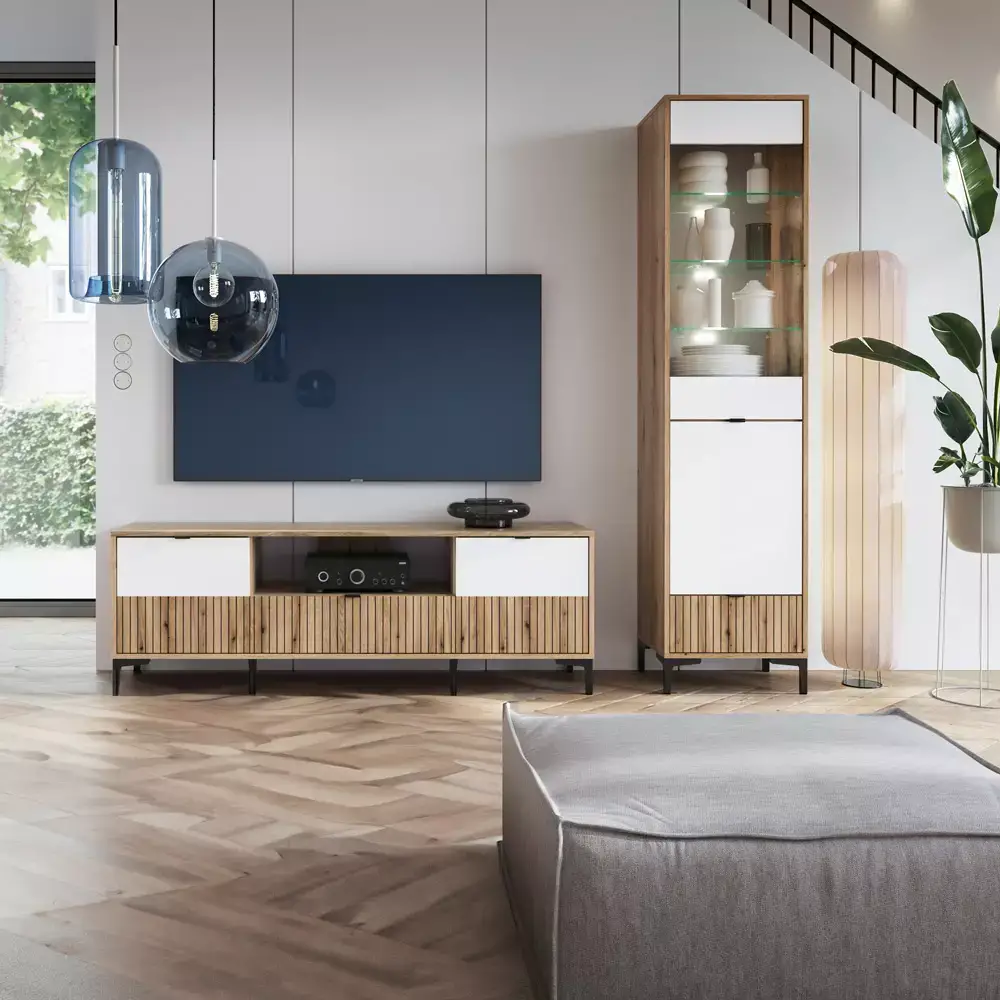 Lomadox Vitrine Eiche mit weiß und Rillenoptik RISBY-129 Exklusive Angebote