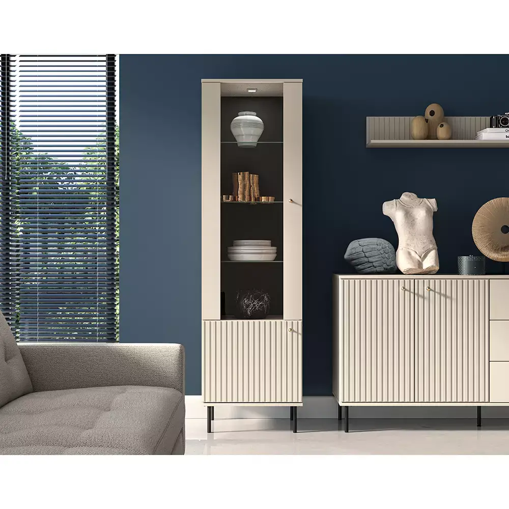 Lomadox Wohnzimmer Vitrine SALOU-131 in kaschmir matt, goldfarbene Metallgriffe, B/H/T ca. 55/190/40 cm
