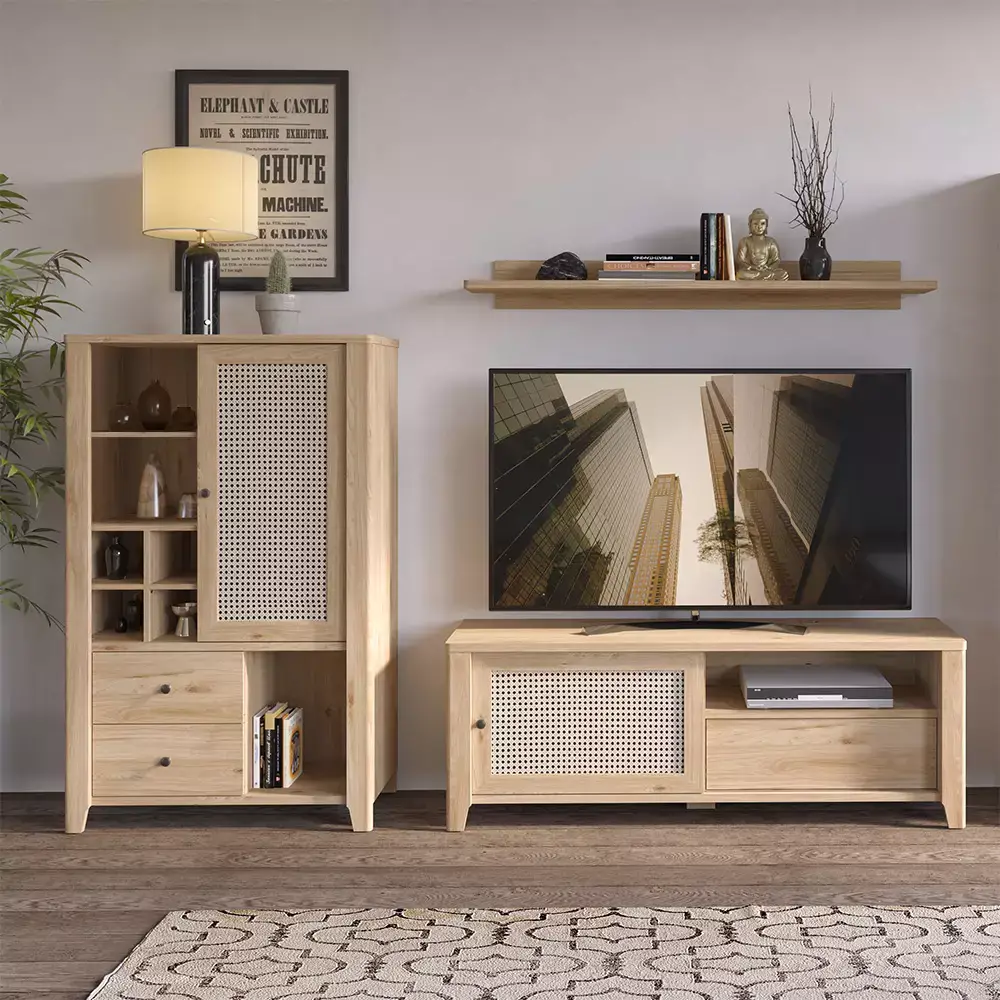 Lomadox Kleine TV Wohnwand CREMONA-129 in Eiche Nb. mit Wiener Geflecht Nb., B/H/T: ca. 262/180/42 cm