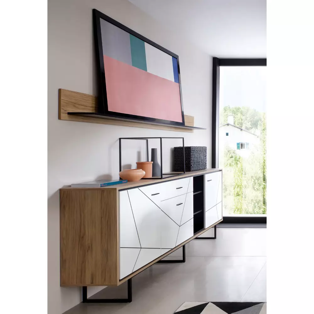 Lomadox Set Sideboard Wandboard Wohnzimmer Esszimmer BRISTOL-129 in Catania Eiche Nb. mit schwarz und weiß Hochglanz, B/H/T: ca. 197,5/170/40 cm