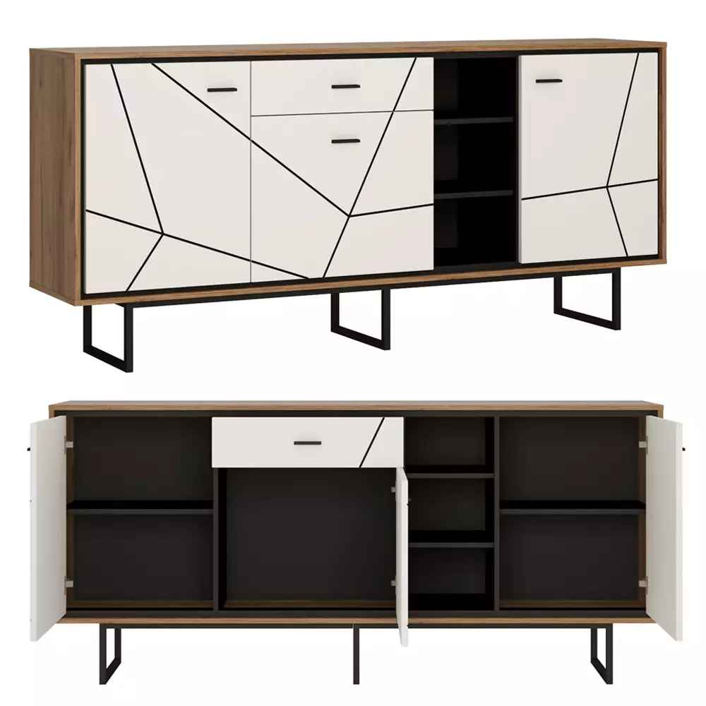 Lomadox Set Sideboard Wandboard Wohnzimmer Esszimmer BRISTOL-129 in Catania Eiche Nb. mit schwarz und weiß Hochglanz, B/H/T: ca. 197,5/170/40 cm Riesige Ersparnisse