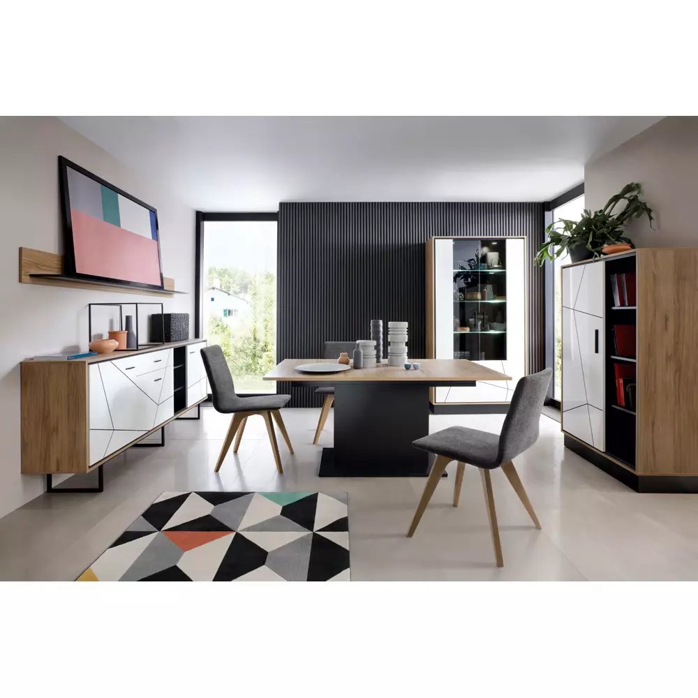 Lomadox Set Sideboard Wandboard Wohnzimmer Esszimmer BRISTOL-129 in Catania Eiche Nb. mit schwarz und weiß Hochglanz, B/H/T: ca. 197,5/170/40 cm Riesige Ersparnisse