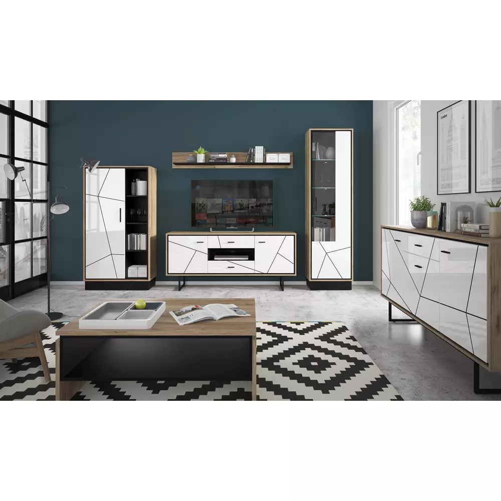 Lomadox TV Wand Set BRISTOL-129 in Catania Eiche Nb. mit schwarz und weiß Hochglanz, B/H/T: ca. 267,5/190/40 cm VIP-Rabatte