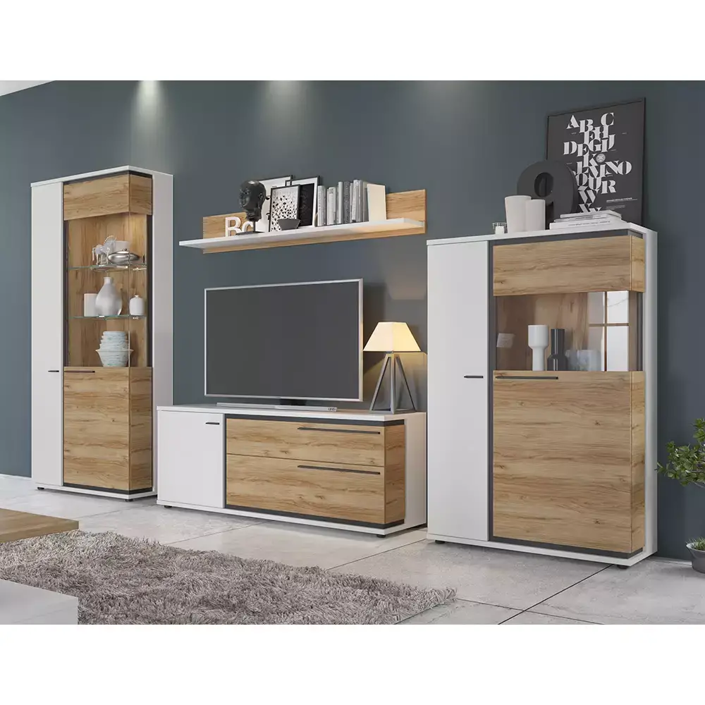 Lomadox Wohnzimmer moderne Wohnwand in weiß mit Eiche Nb. SANDVIKA-129, B/H/T ca. 379/200/40 cm