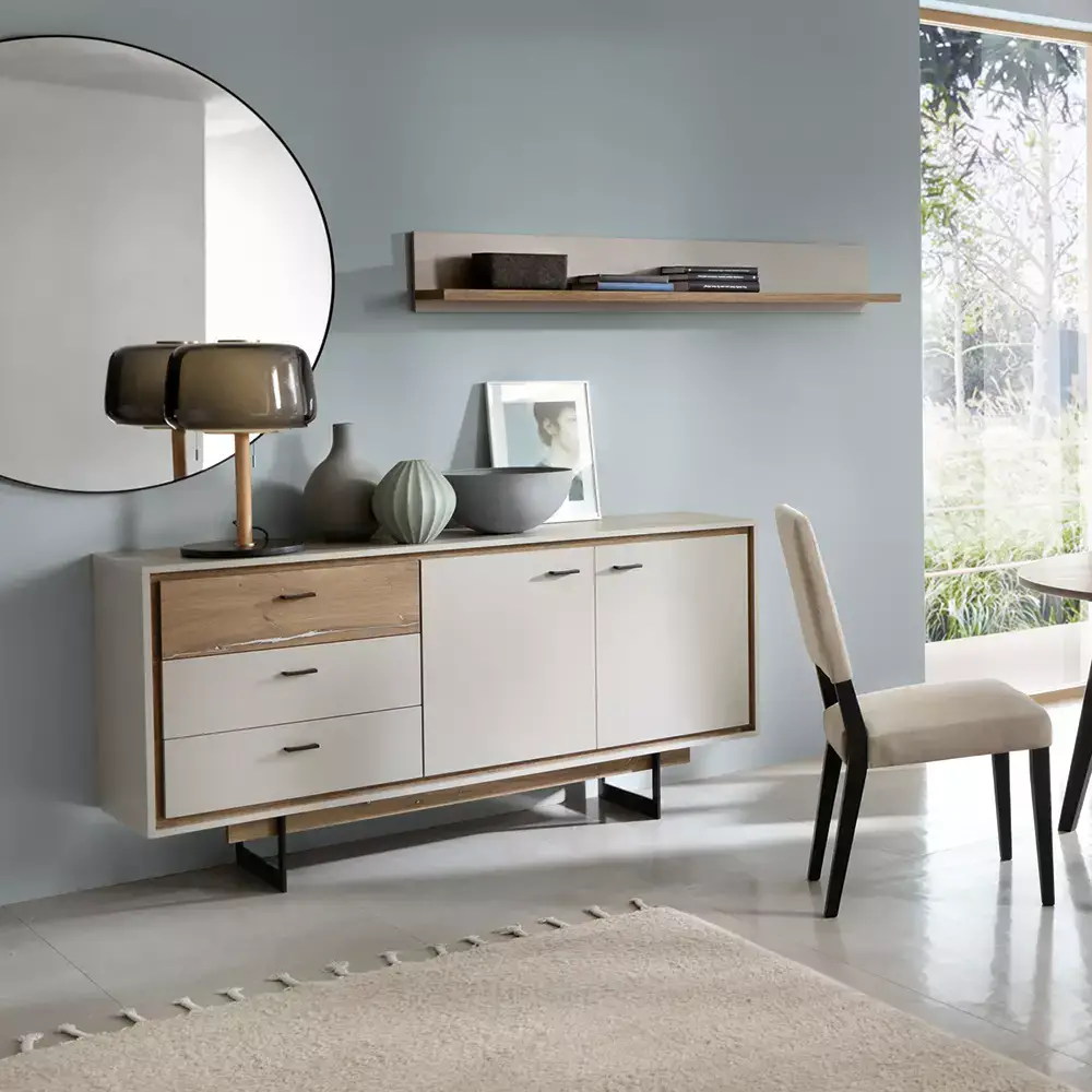 Lomadox Wohnzimmer Set Sideboard mit Wandboard in grau und Flagstaff Eiche Nb. RAMVIK-129