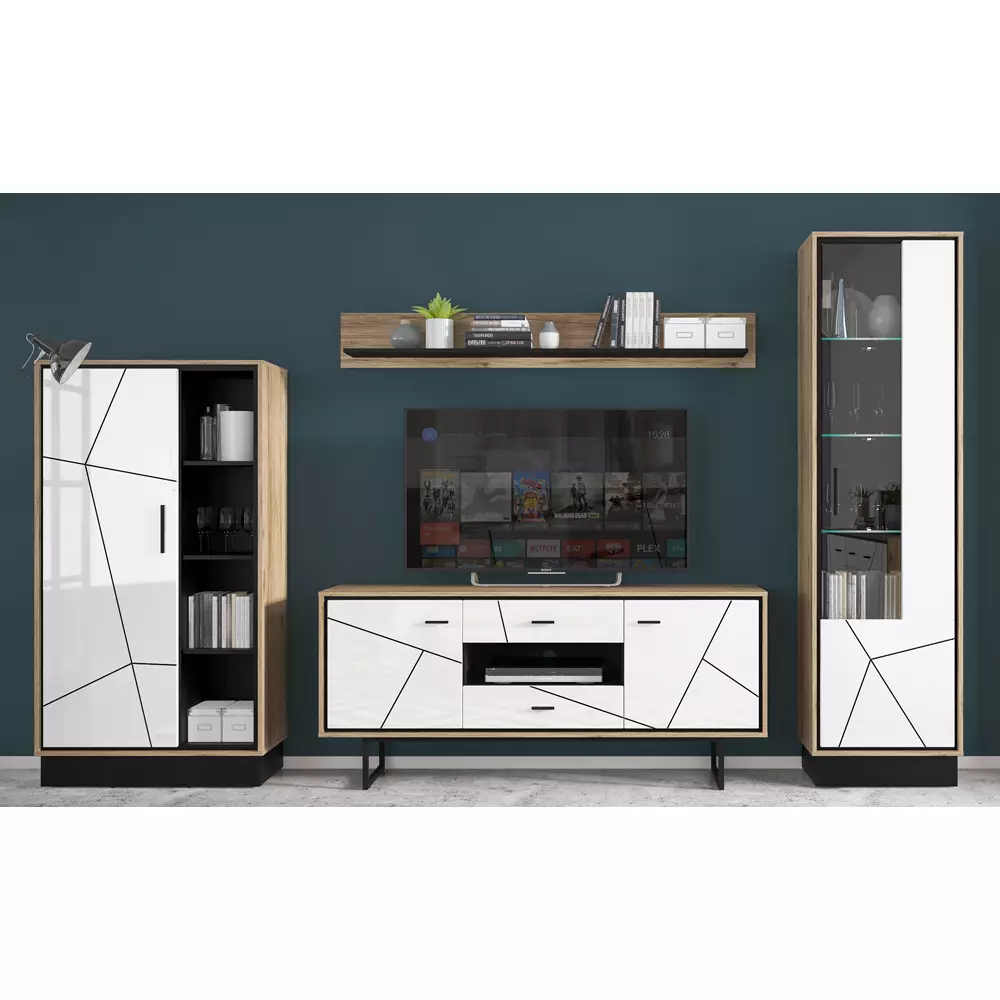Lomadox Wohnzimmer TV Wohnwand BRISTOL-129 in Catania Eiche Nb. mit schwarz und weiß Hochglanz, B/H/T: ca. 339,5/208,5/40 cm