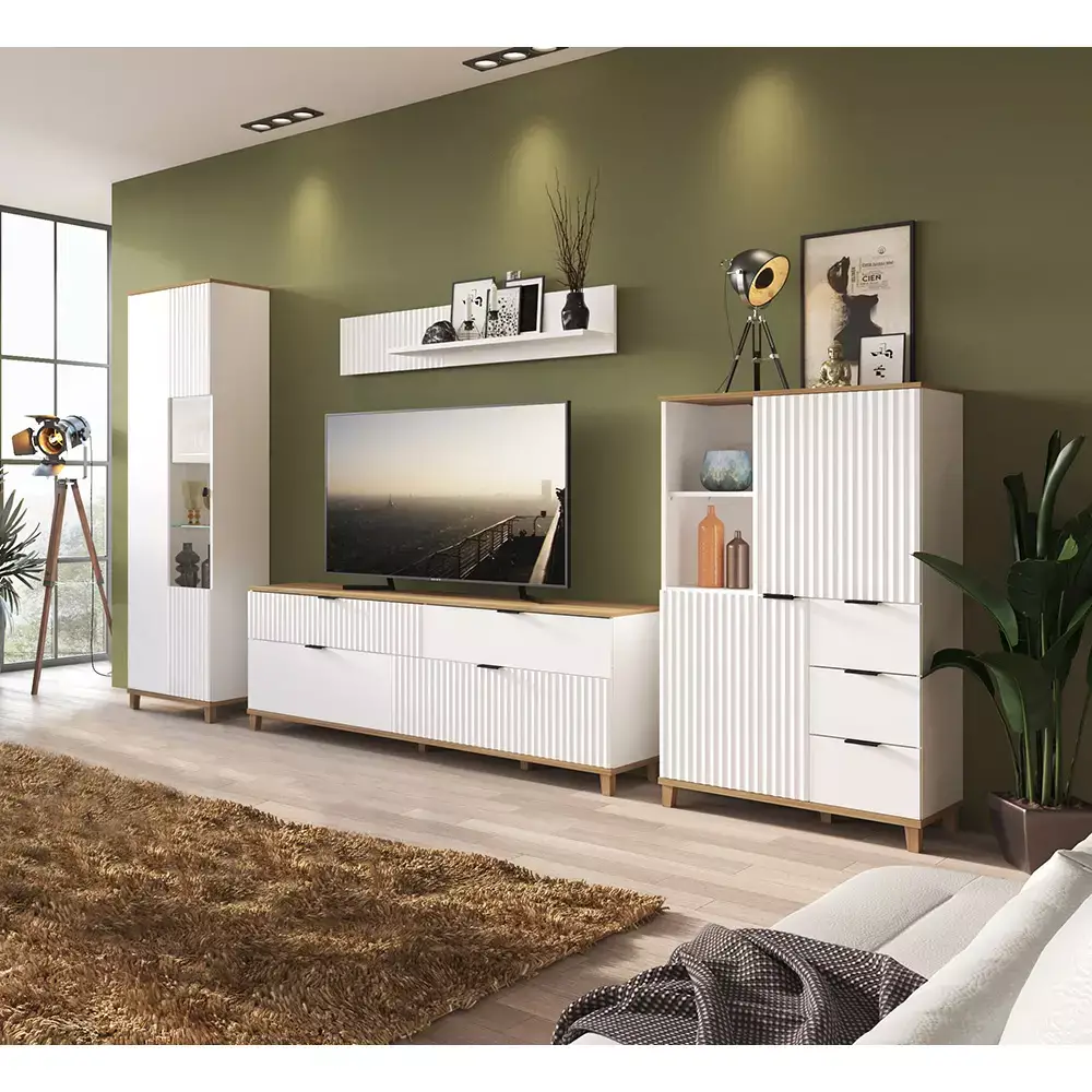Lomadox Wohnzimmer TV Wohnwand PLYMOUTH-129 in weiß mit Eiche Nb., B/H/T: ca. 370/208,4/40 cm