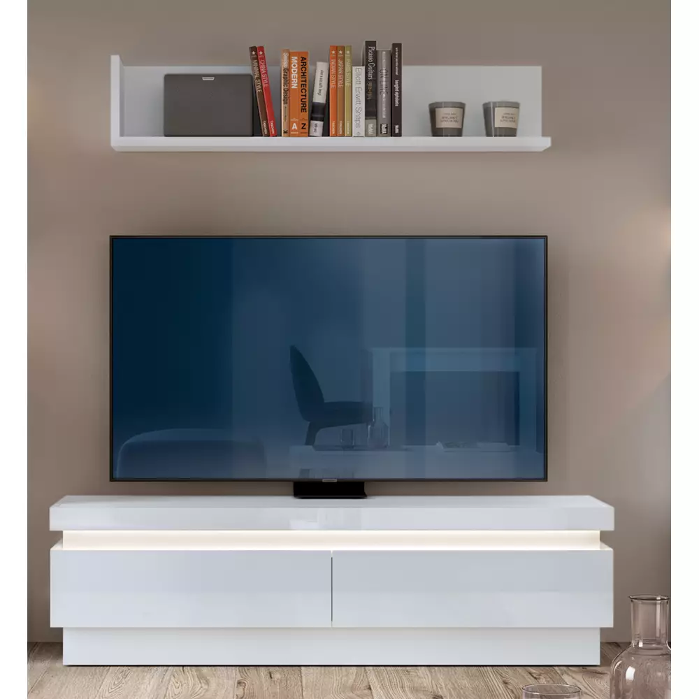 Lomadox Wohnzimmer TV-Möbel Set, Lowboard & Wandboard, in weiß Hochglanz mit indirekter Beleuchtung, LYNDHURST-129, B/H/T ca. 147/165/42 cm