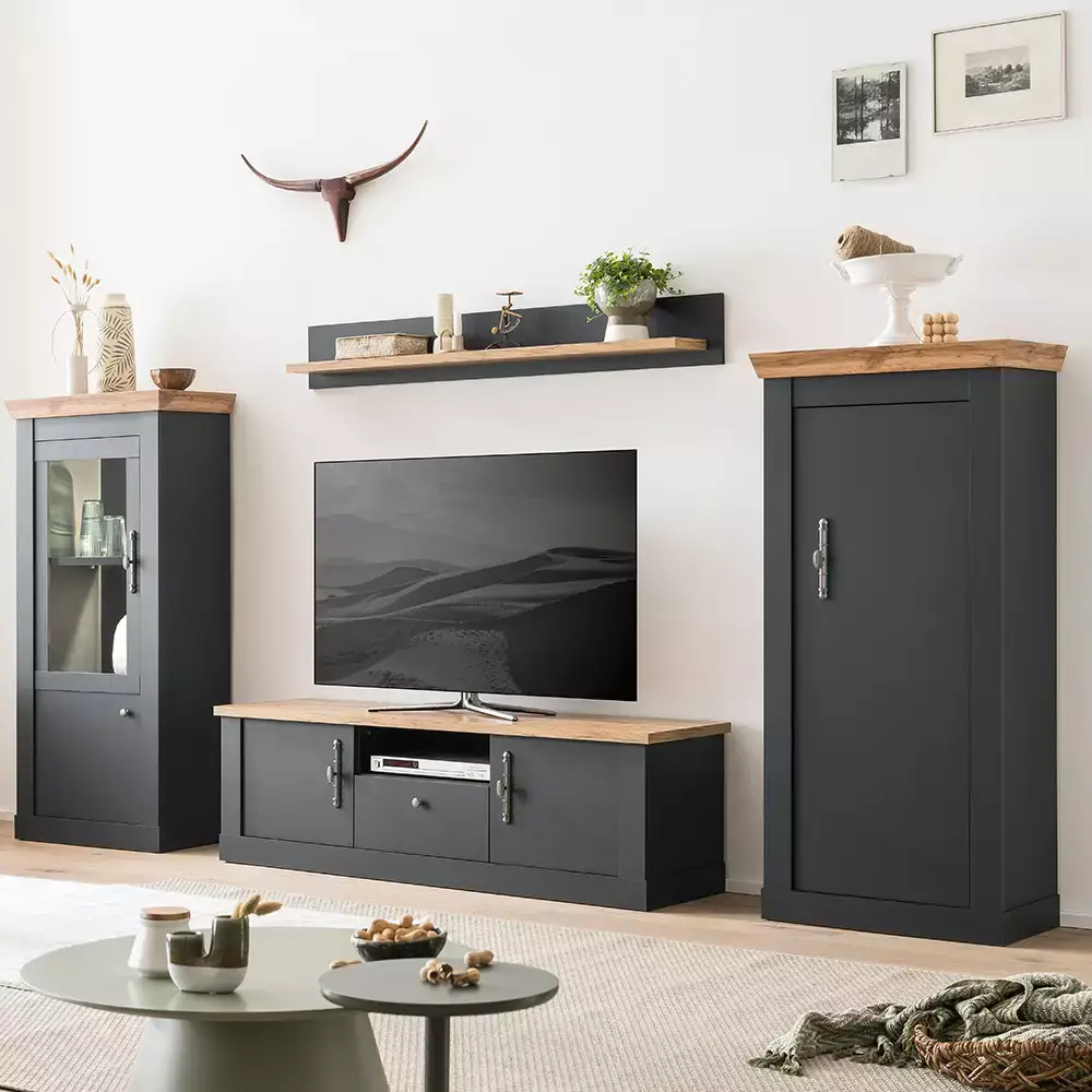 Lomadox 2-tlg Wohnwandset in anthrazit mit Wotan Eiche Nb. im Landhaus Design, B/H/T ca. 158/170/45 cm JETZT KAUFEN