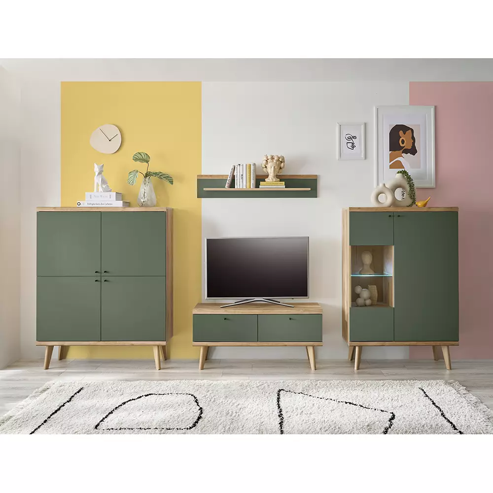 Lomadox Anbauwand in Eiche mit grün AVEZZANO-61 Modern 4-teilig
