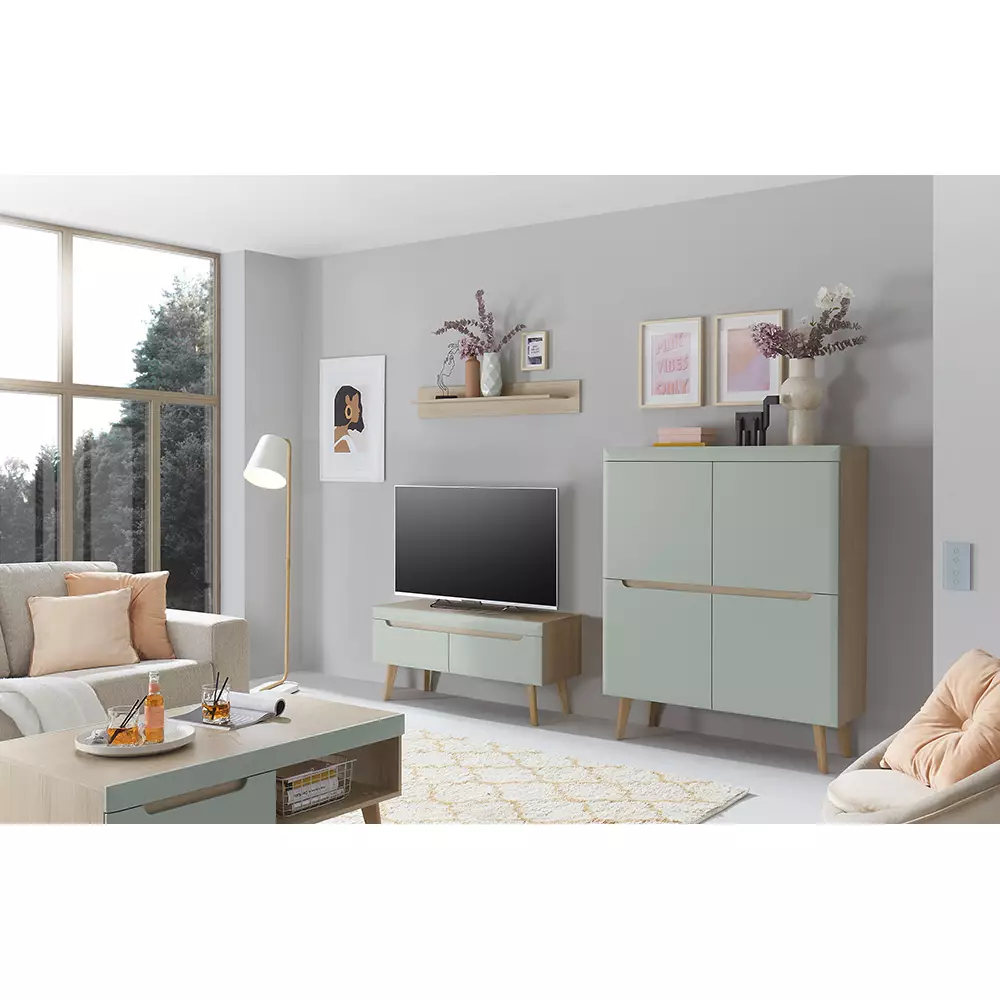 Lomadox Anbauwand in Grün Matt mit Eiche STOCKTON-61, 4-teilig inkl. Couchtisch