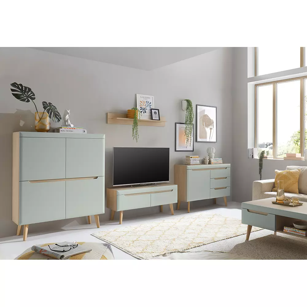 Lomadox Anbauwand in Grün Matt mit Eiche STOCKTON-61, 5-teilig inkl. Couchtisch