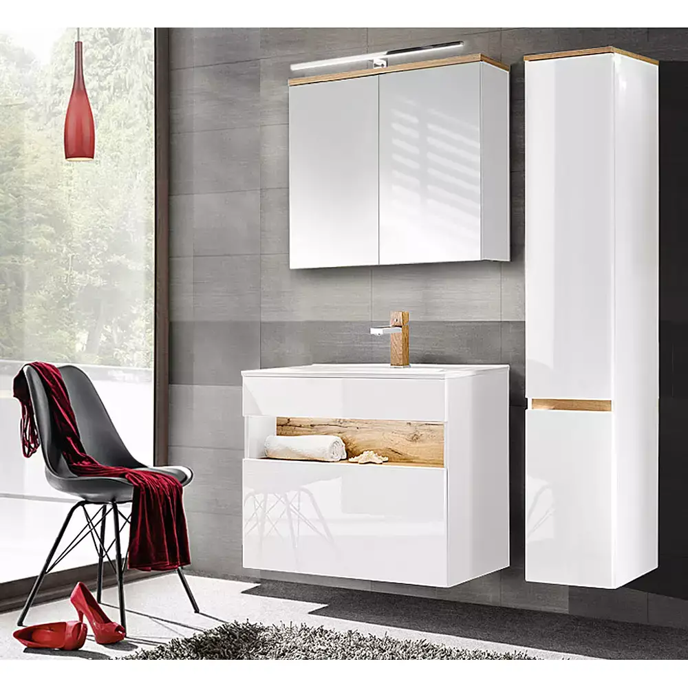Lomadox Badezimmer Set mit Keramik-Waschtisch inkl LED in Weiß-Hochglanz mit Wotaneiche BERMUDA-56 B/H/T: 135/200/45cm