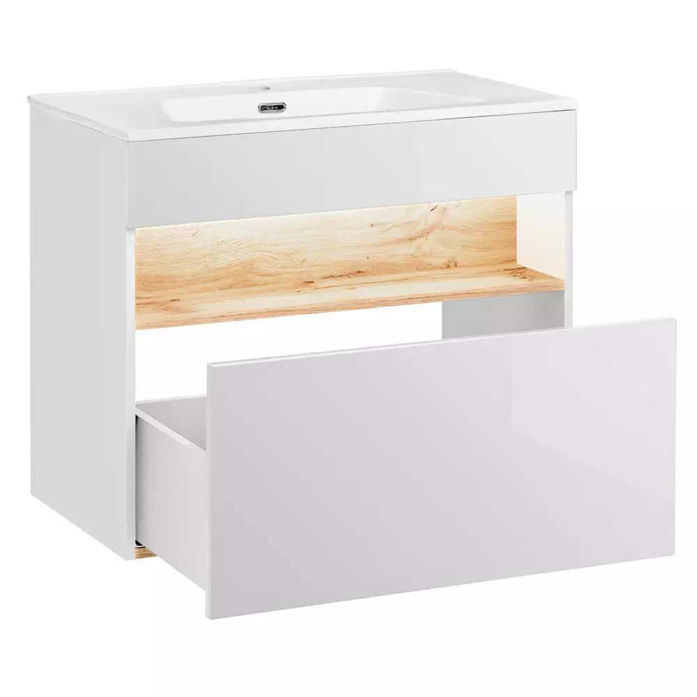 Lomadox Badezimmer Set mit Keramik-Waschtisch inkl LED in Weiß-Hochglanz mit Wotaneiche BERMUDA-56 B/H/T: 135/200/45cm Super Rabatt